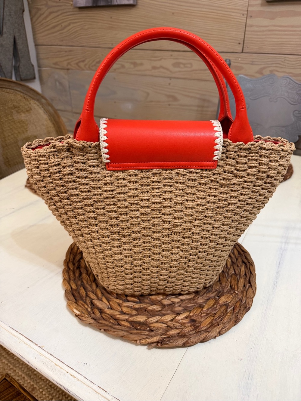 Woven Straw Tote with Red Trim - Picture 2 of 4
